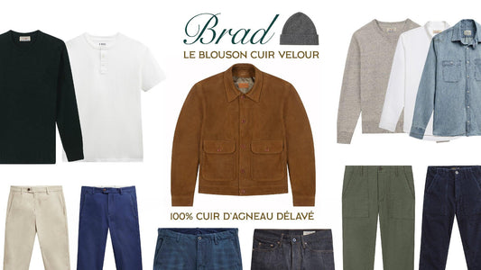 Une collection de vêtements pour hommes, centrée autour du ‘Brad’, un blouson en cuir velours de couleur marron clair, illustrant l’importance de l’entretien approprié du blouson en daim.
