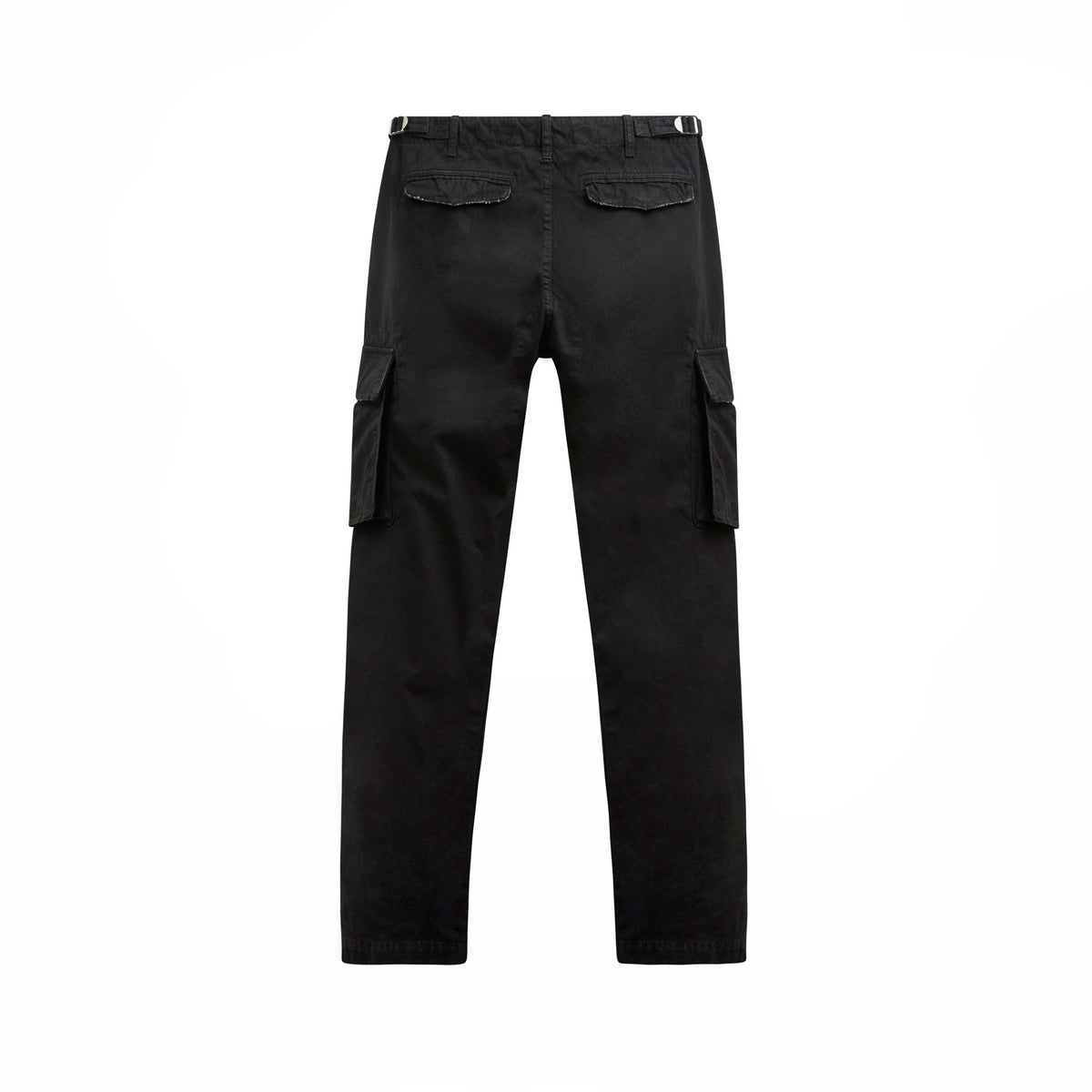 Cargo Pant noir vu de dos à plat, poches arrière à rabat et poches cargo latérales sur coton noir