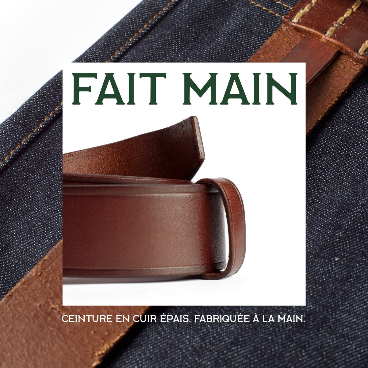 Visuel Fait main de la ceinture en cuir épais brun sur un jean brut, boucle et passant de cuir