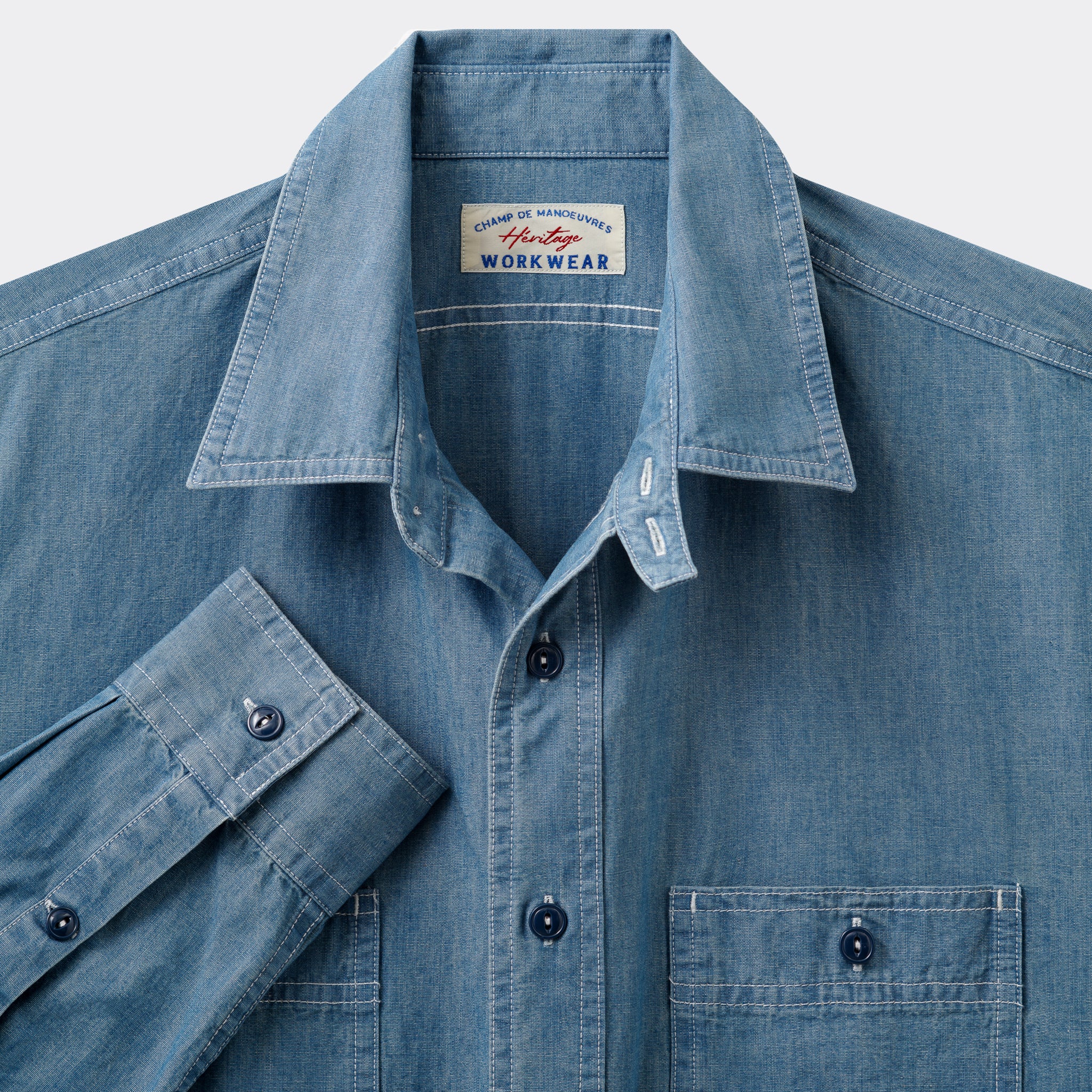 zomm col chemise homme réalisé dans un tissu chambray indigo délavé