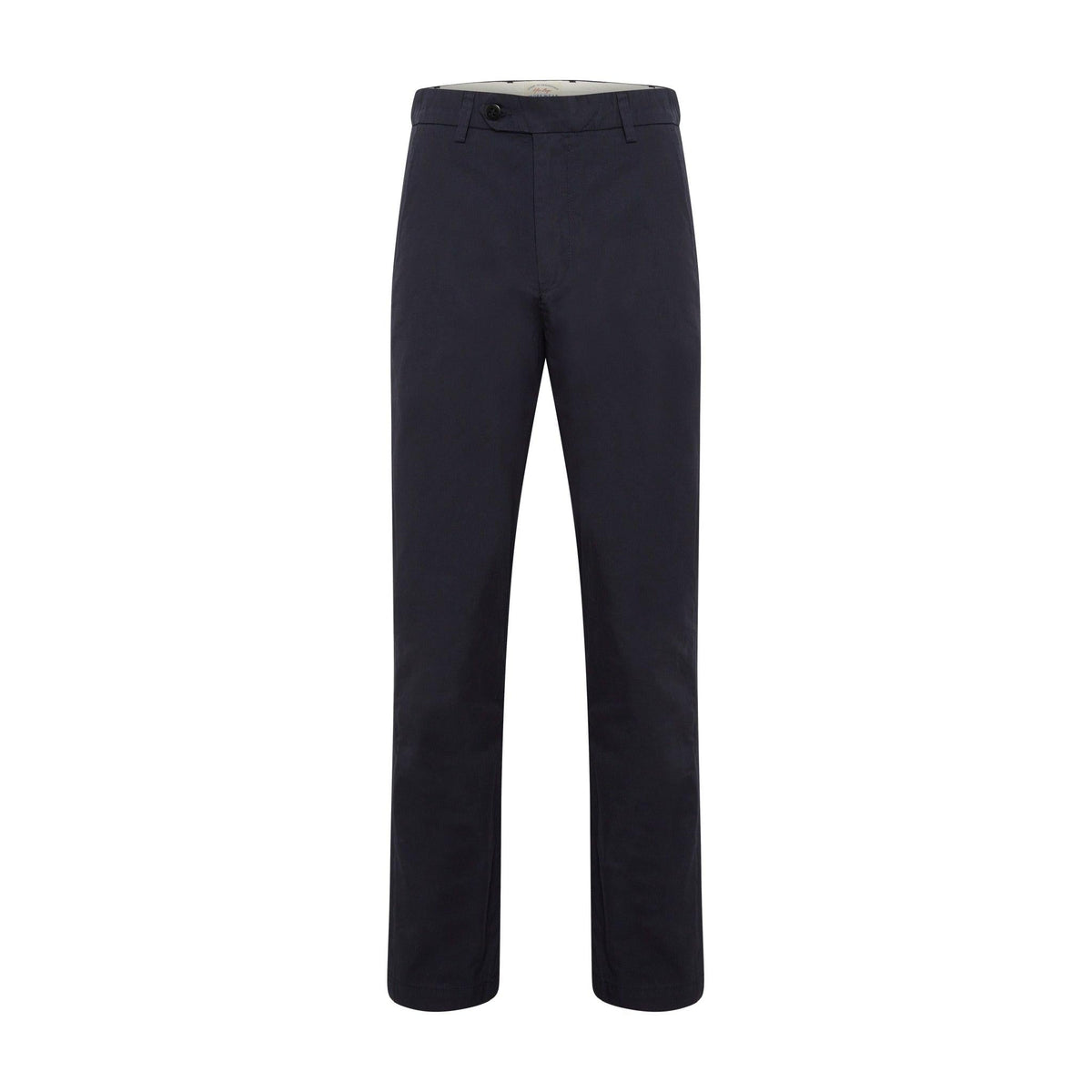 Chino Gabardine Marine vu de face à plat, gabardine de coton bleu marine, poches italiennes et taille à passants — Champ de Manoeuvres