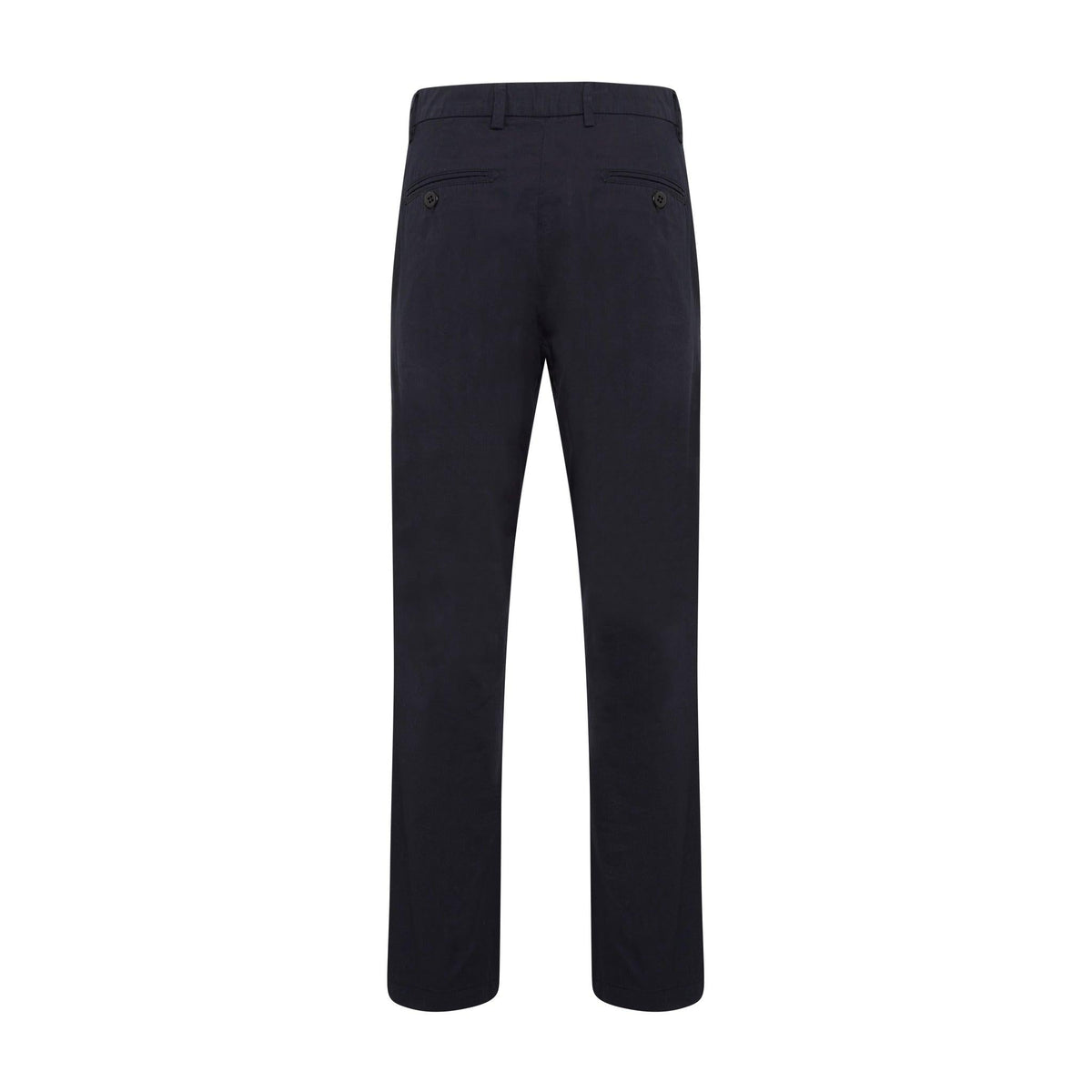 Chino Gabardine Marine vu de dos à plat, deux poches passepoilées sur gabardine de coton bleu marine