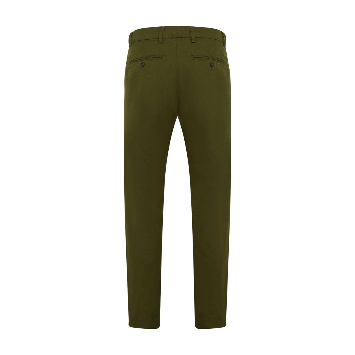 Chino homme gabardine olive vu de dos, deux poches passepoilées boutonnées