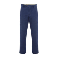 Chino Slack Hydron bleu vu de face à plat, coton délavé, poches italiennes et braguette à bouton corozo — Champ de Manoeuvres