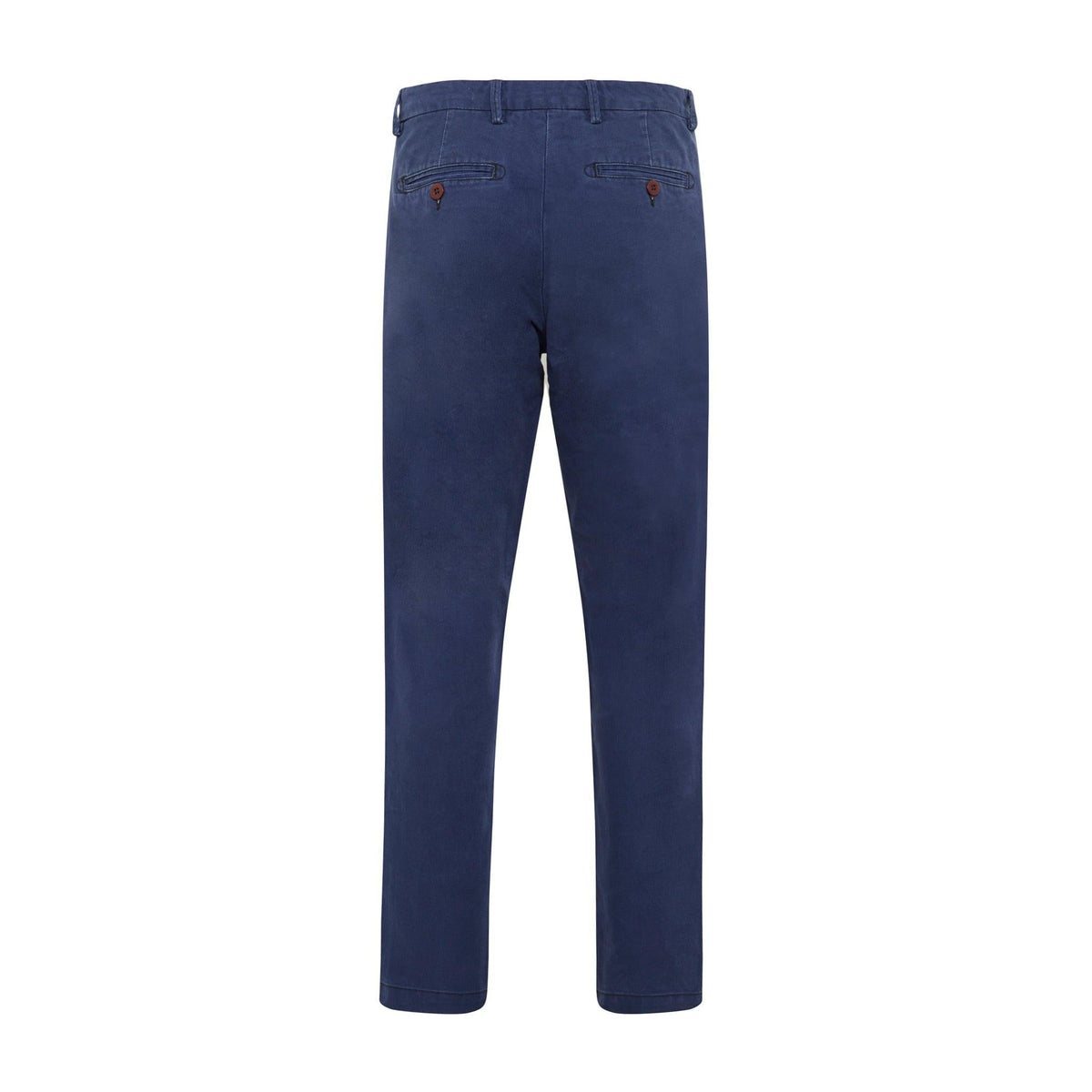 Chino Slack Hydron bleu vu de dos à plat, deux poches passepoilées boutonnées sur coton délavé