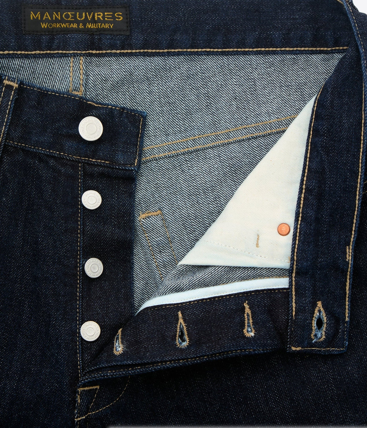 Braguette boutonnée du jean droit 3320, doublure écrue et rivet de cuivre