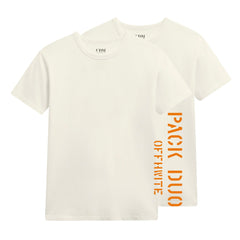 Pack duo de deux t-shirts colletage écru vus de face, jersey de coton offwhite et étiquette CDM — Champ de Manoeuvres