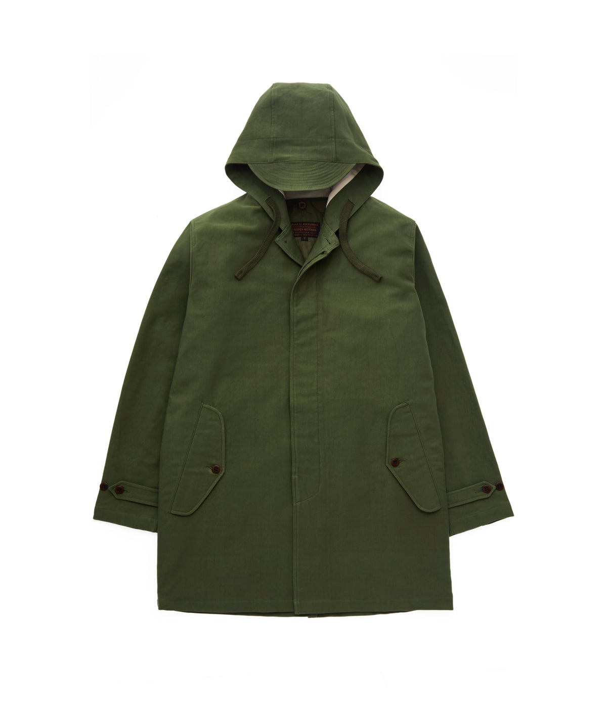 Parka fishtail homme en moleskine kaki vue de face, capuche à visière, poches à rabat et boutons en corozo