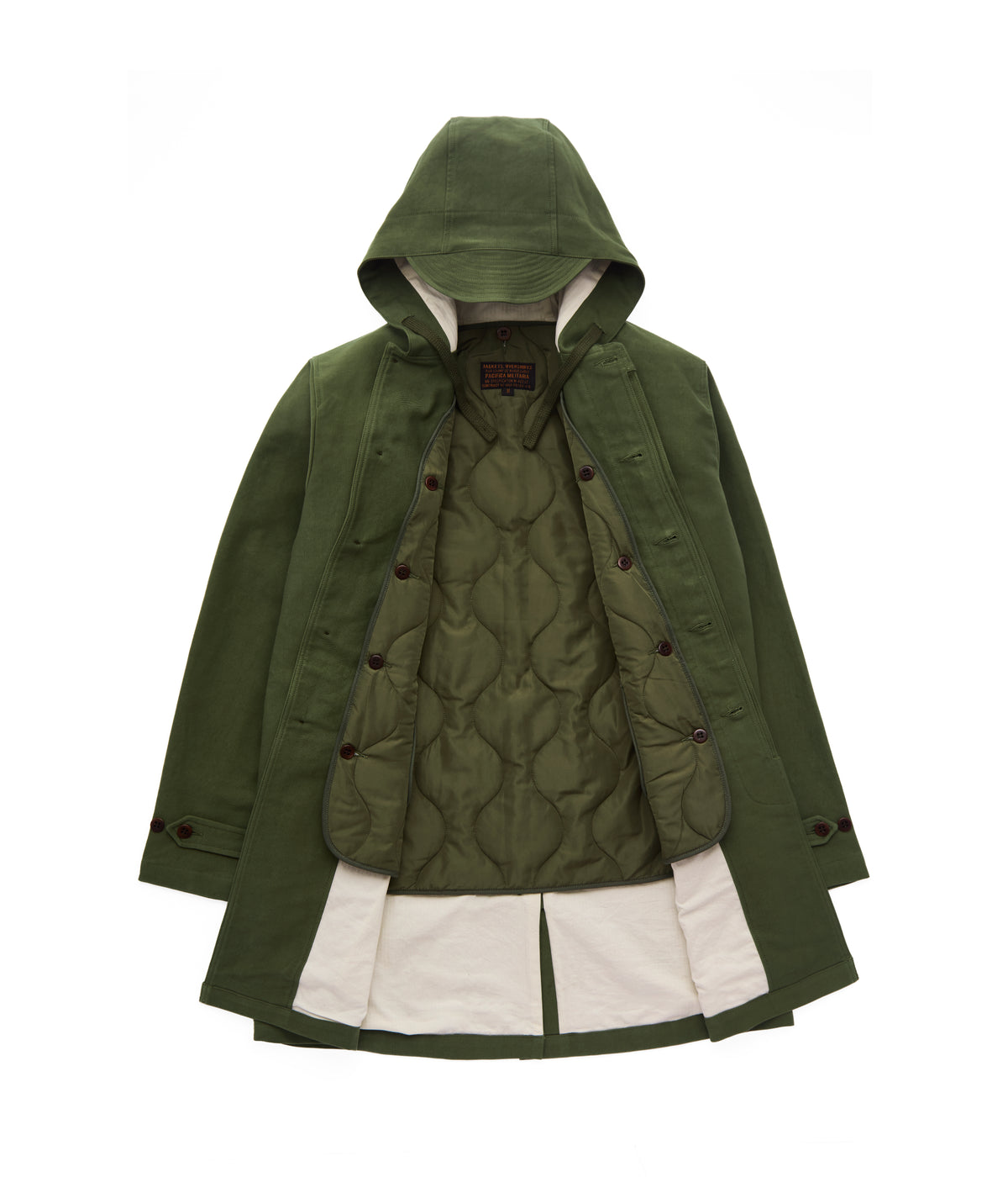 Parka fishtail homme en moleskine ouverte sur son gilet matelassé amovible kaki